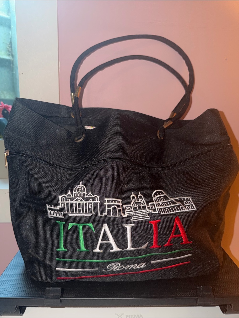 Black Tote Shoulder Bag Italia Roma Embroidered Zip Top Gold Hardware